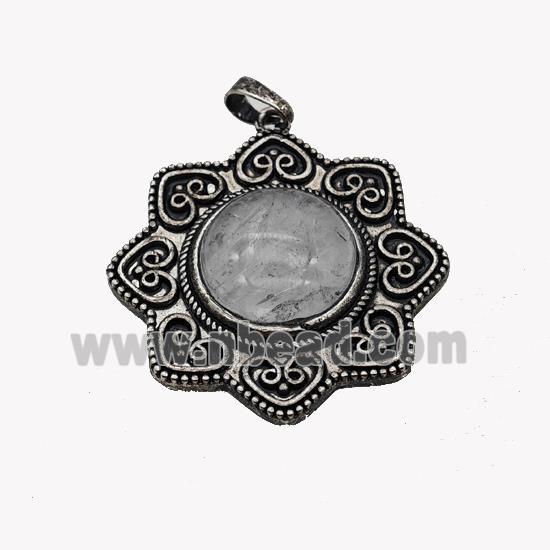 Alloy Flower Pendant Pave Clear Quartz Antique Silver