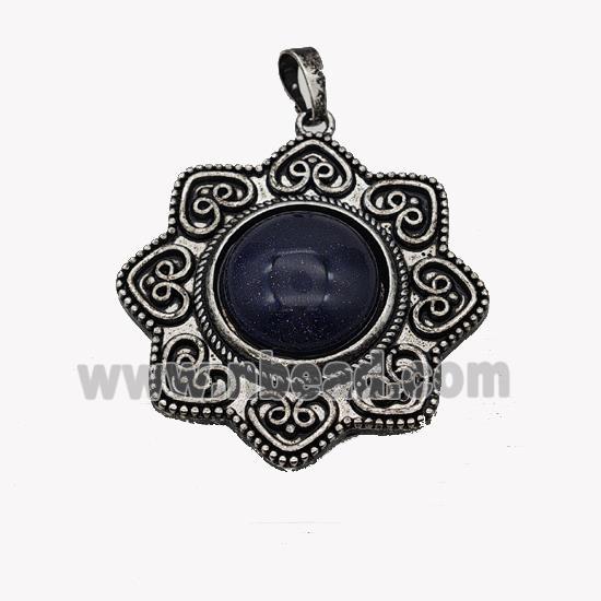 Alloy Flower Pendant Pave Blue Sandstone Antique Silver