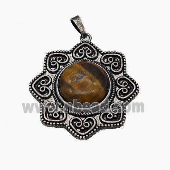 Alloy Flower Pendant Pave Tiger Eye Stone Antique Silver