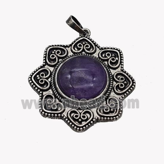 Alloy Flower Pendant Pave Purple Amethyst Antique Silver