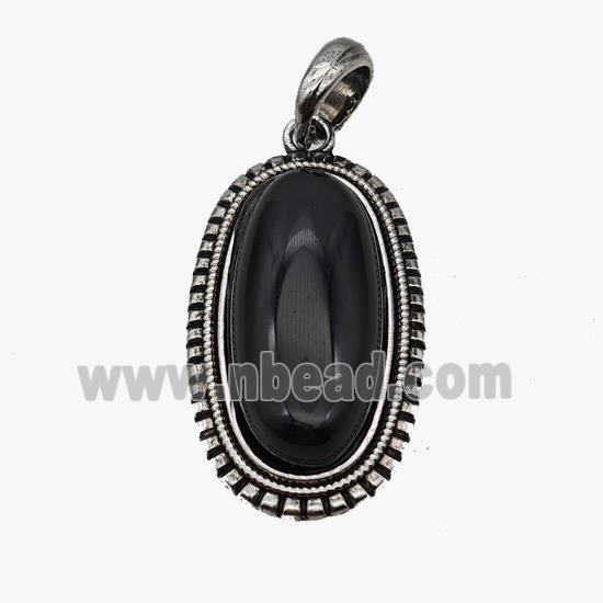 Alloy Oval Pendant Pave Black Obsidian Antique Silver