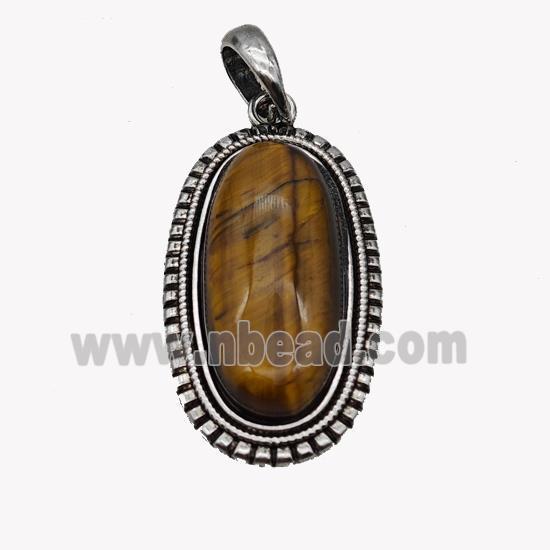 Alloy Oval Pendant Pave Tiger Eye Stone Antique Silver