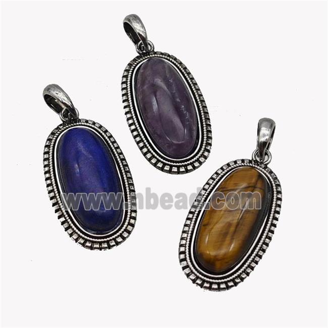 Alloy Oval Pendant Pave Gemstone Antique Silver Mixed