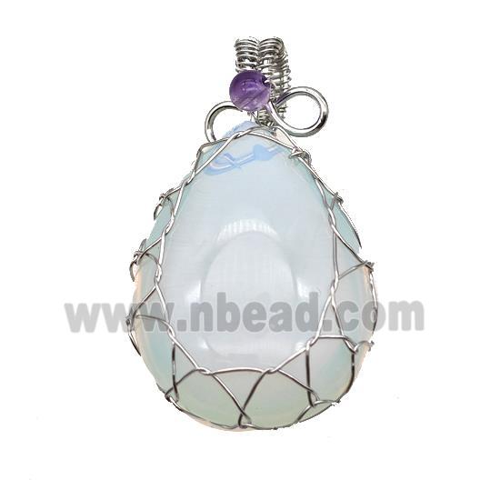 White Opalite Teardrop Pendant Copper Wire Wrapped Platinum Plated