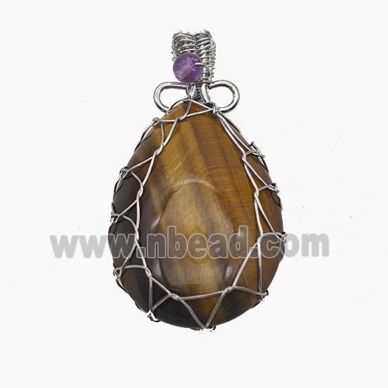 Natural Tiger Eye Stone Teardrop Pendant Copper Wire Wrapped Platinum Plated