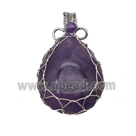 Natural Purple Amethyst Teardrop Pendant Copper Wire Wrapped Platinum Plated