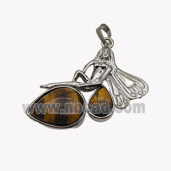 Alloy Fairy Pendant Pave Tiger Eye Stone Platinum Plated