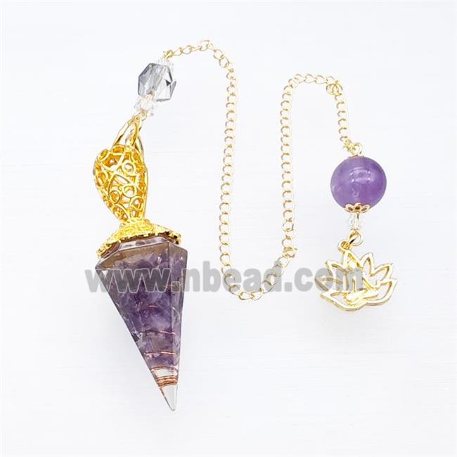 Purple Amethyst Chips Resin Pendulum Pendant With Chain Lotus Gold Plated