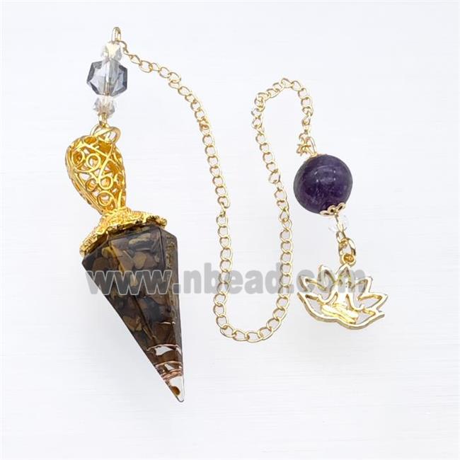 Tiger Eye Stone Chips Resin Pendulum Pendant With Chain Lotus Gold Plated