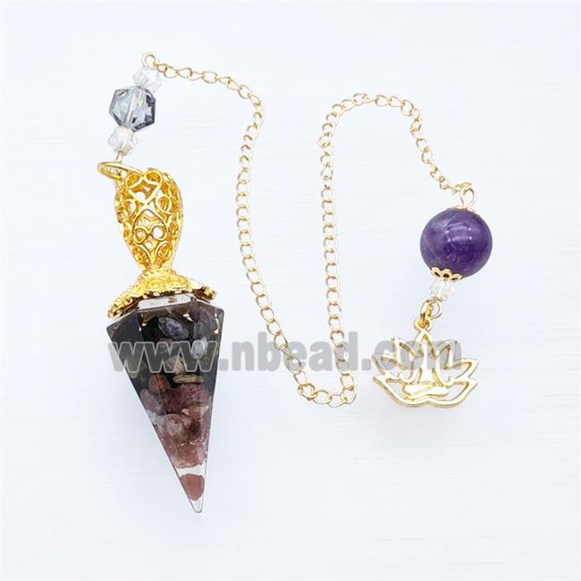 Multicolor Tourmaline Chips Resin Pendulum Pendant With Chain Lotus Gold Plated