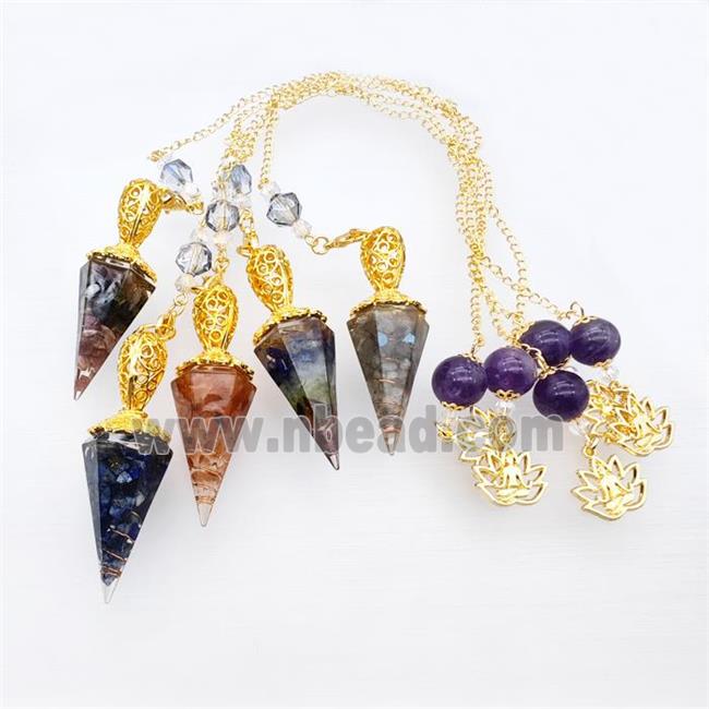 Gemstone Chips Resin Pendulum Pendant With Chain Lotus Gold Plated Mixed