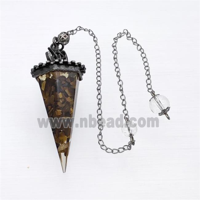 Tiger Eye Stone Chips Resin Pendulum Pendant With Chain Antique Silver