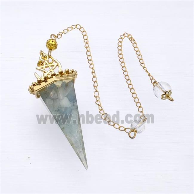 Blue Aquamarine Chips Resin Pendulum Pendant With Chain Gold Plated