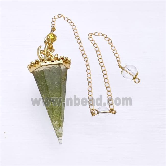 Green Peridot Chips Resin Pendulum Pendant With Chain Gold Plated