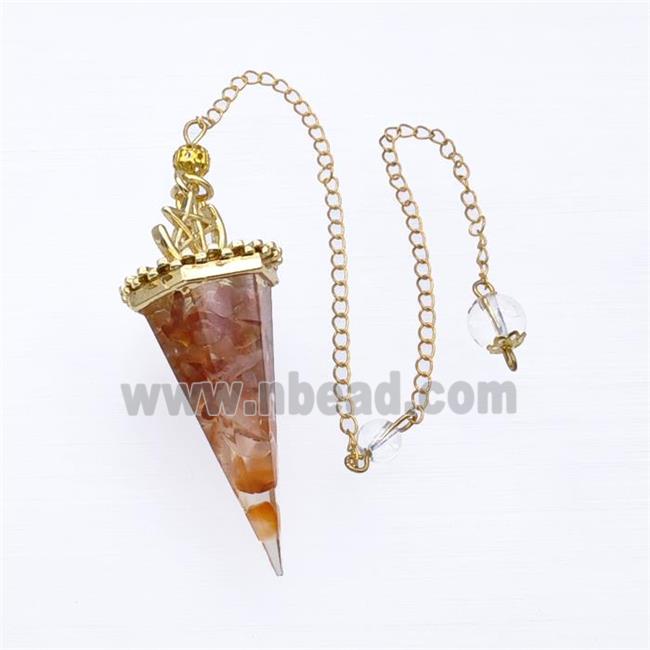 Natural Red Carnelian Agate Chips Resin Pendulum Pendant With Chain Gold Plated