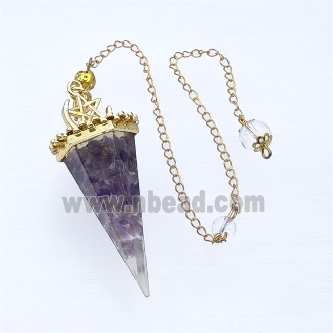 Purple Amethyst Chips Resin Pendulum Pendant With Chain Gold Plated