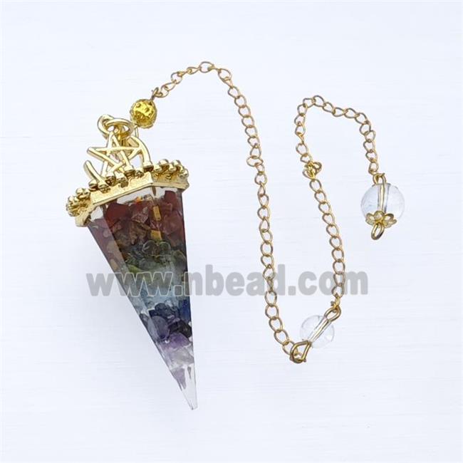 Gemstone Chakra Chips Resin Pendulum Pendant With Chain Gold Plated