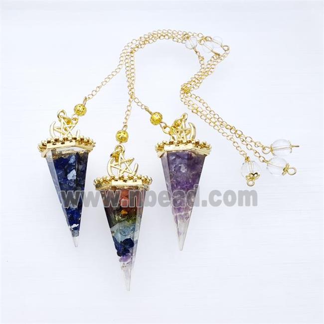 Gemstone Chips Resin Pendulum Pendant With Chain Gold Plated Mixed