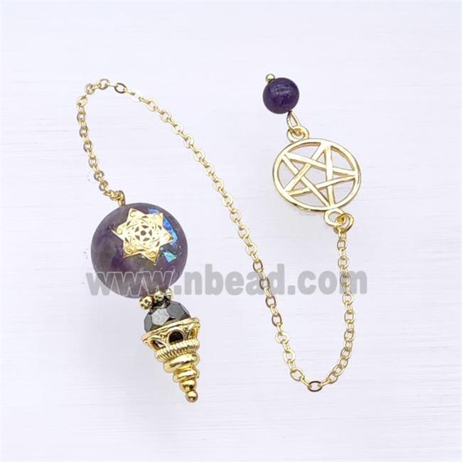 Purple Amethyst Chips Acrylic Sphere Pendant With Chain Star Gold Plated