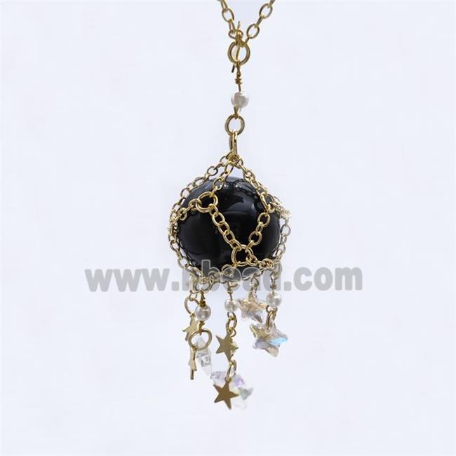 Black Obsidian Sphere Necklace Copper Chain Wrapped Gold Plated