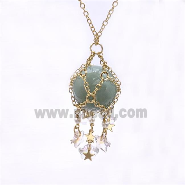 Green Aventurine Sphere Necklace Copper Chain Wrapped Gold Plated