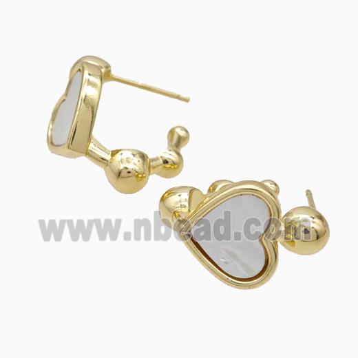 Copper Heart Stud Earrings Pave White Shell Gold Plated