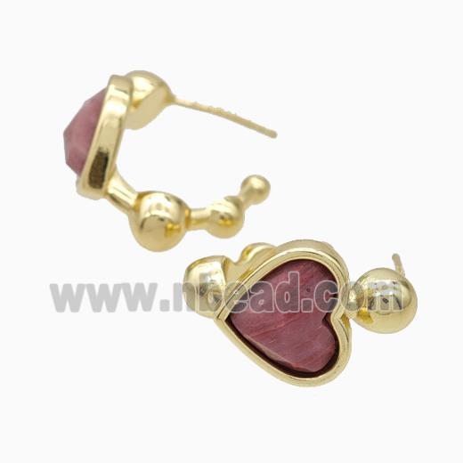 Copper Heart Stud Earrings Pave Wood Lace Jasper Gold Plated