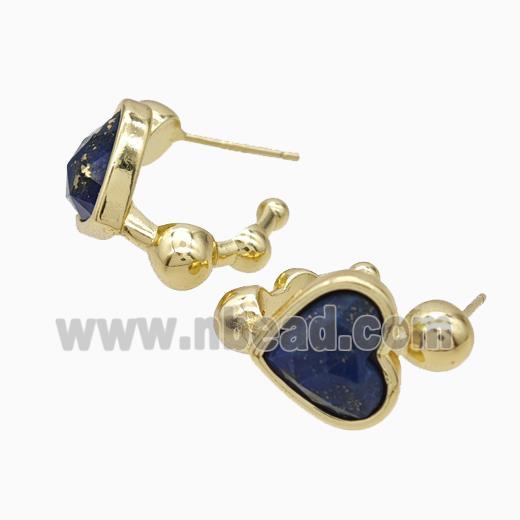 Copper Heart Stud Earrings Pave Lapis Lazuli Gold Plated