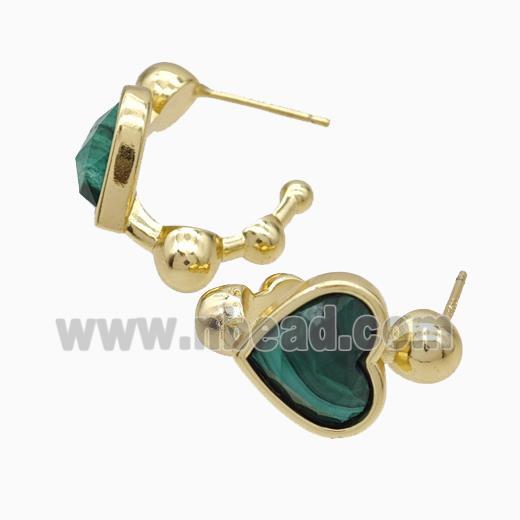 Copper Heart Stud Earrings Pave Malachite Gold Plated