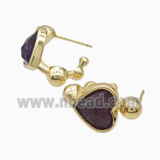 Copper Heart Stud Earrings Pave Purple Amethyst Gold Plated