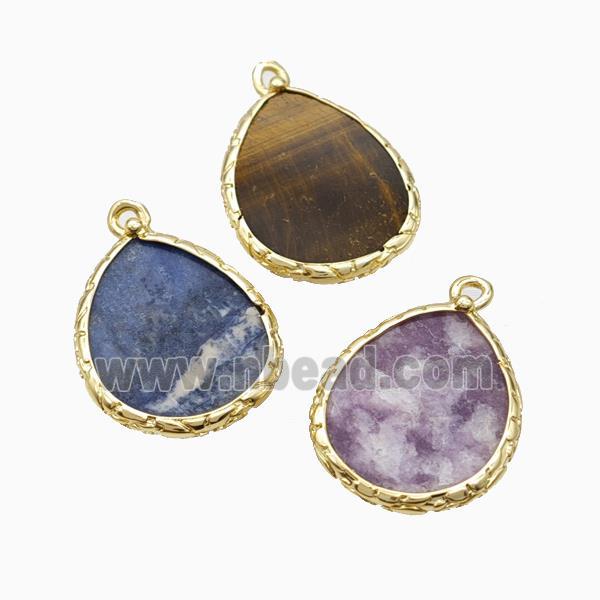 Natural Gemstone Teardrop Pendant Flat Gold Plated Mixed