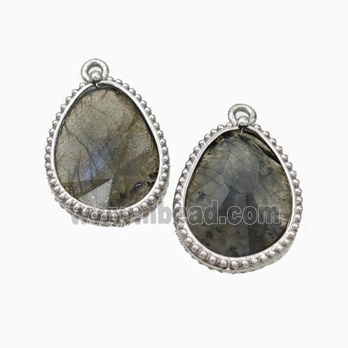 Natural Labradorite Teardrop Pendant Platinum Plated