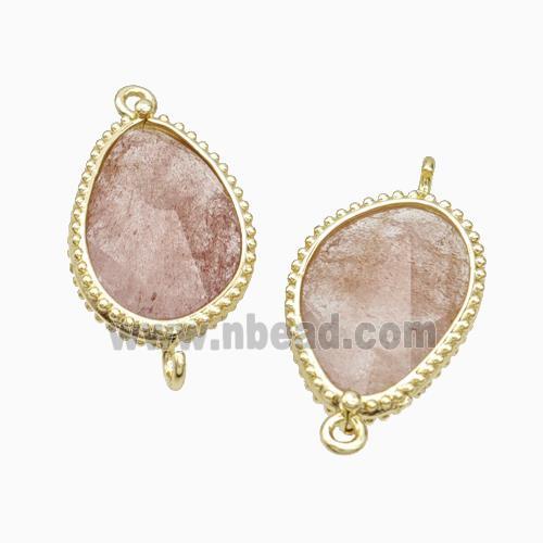 Pink Strawberry Quartz Teardrop Connector Gold Plated