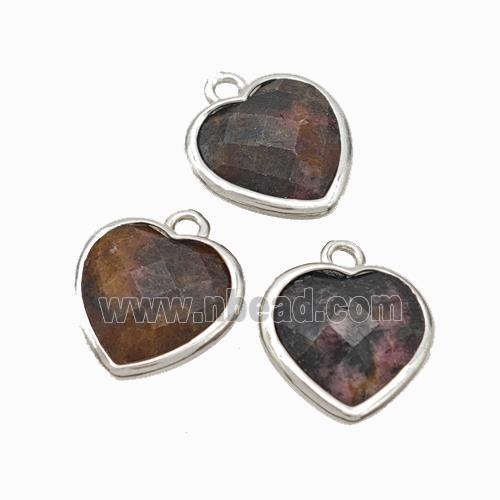 Natural Chinese Rhodonite Heart Pendant Faceted Platinum Plated