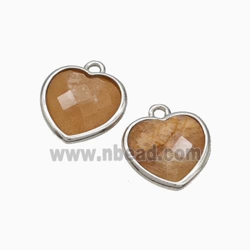 Natural Peach Sunstone Heart Pendant Faceted Platinum Plated