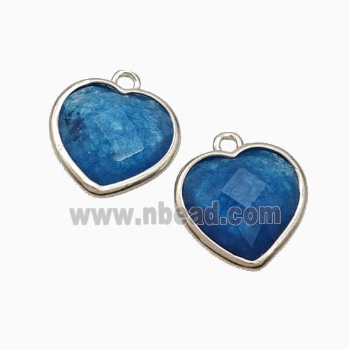 Blue Dye Jade Heart Pendant Faceted Platinum Plated