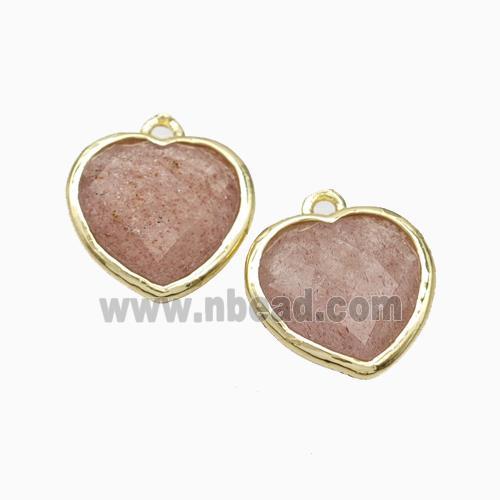 Natural Pink Strawberry Quartz Heart Pendant Faceted Gold Plated