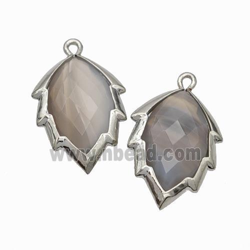 Natural Gray Botswana Agate Leaf Pendant Platinum Plated