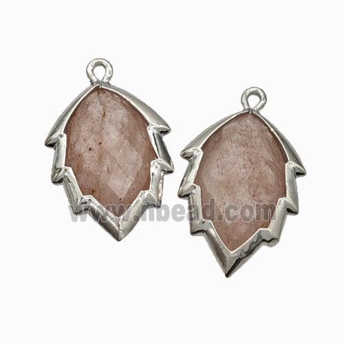 Natural Pink Strawberry Quartz Leaf Pendant Platinum Plated