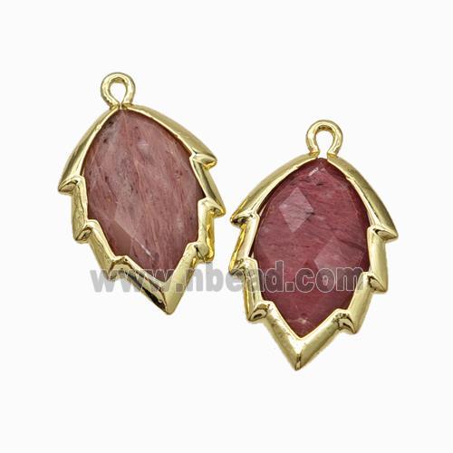 Natural Pink Wood Lace Jasper Leaf Pendant Gold Plated