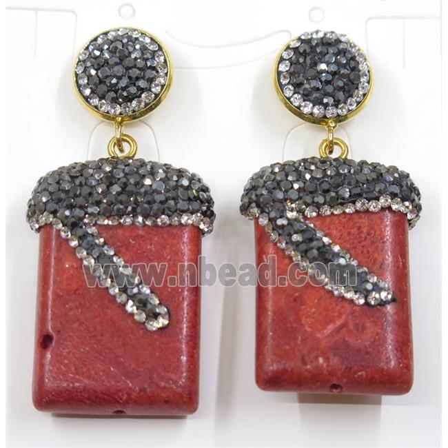 red coral earring paved rhinestone, rectangle