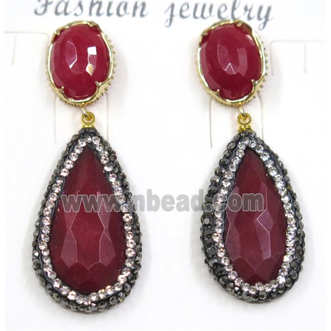 red jade earring pave rhinestone, teardrop