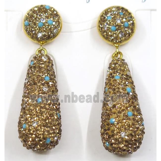 resin earring pave white yellow rhinestone, teardrop