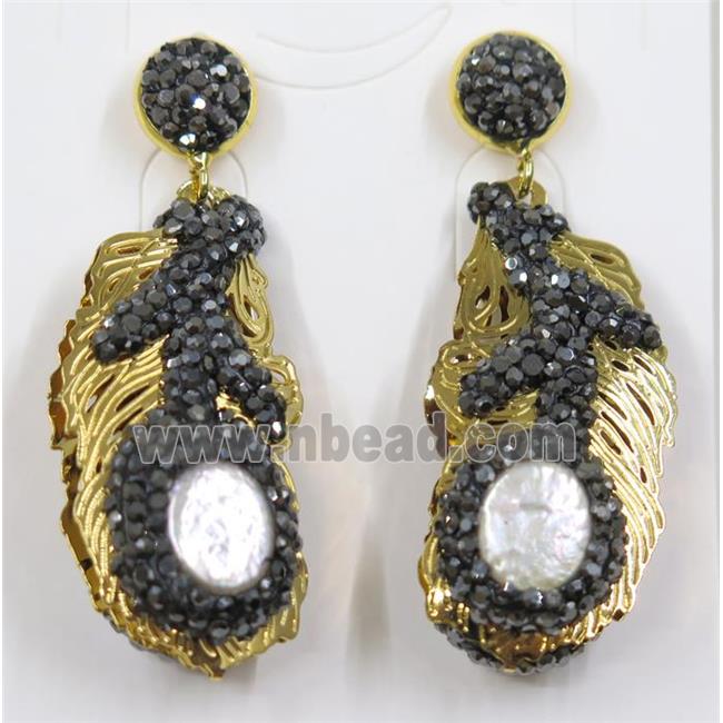 white freshwater Pearl earring pave rhinestone, alloy, gold plated