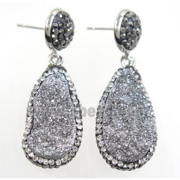 silver Druzy quartz earring paved rhinestone, teardrop