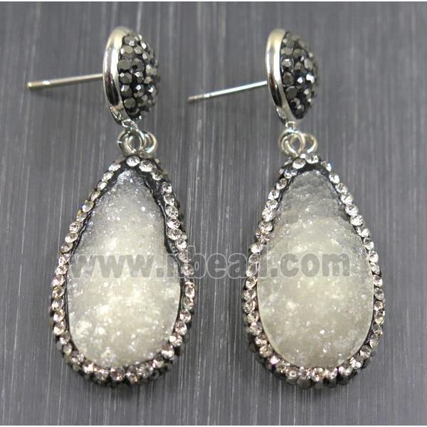 white Druzy quartz earring paved rhinestone, teardrop