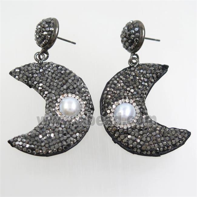 pearl earring paved rhinestone, moon