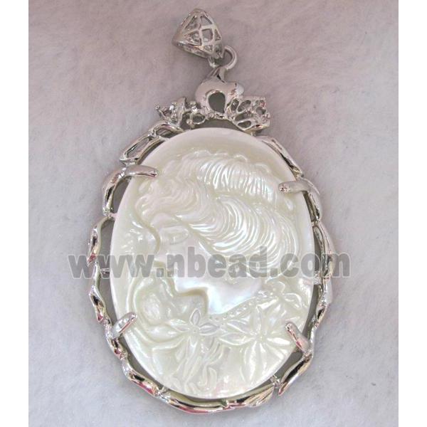 Victorian Lady Portrait Cameo, shell pearl pendant, platinum plated