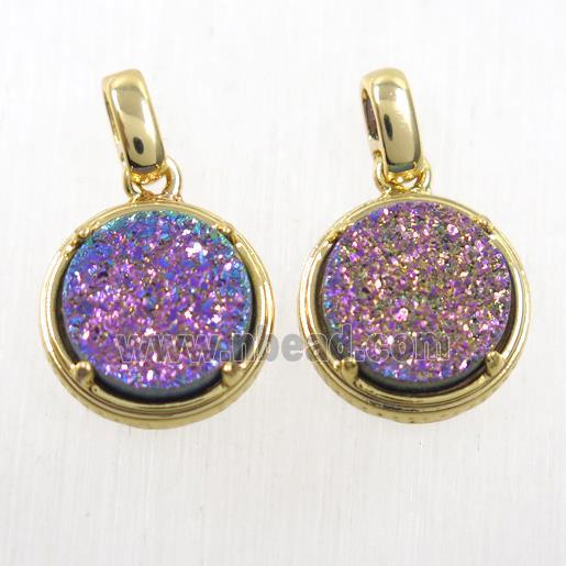 rainbow Druzy Agate pendant, flat-round, gold plated