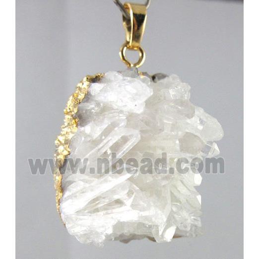 druzy cluster Clear Quartz pendant, freeform, gold plated